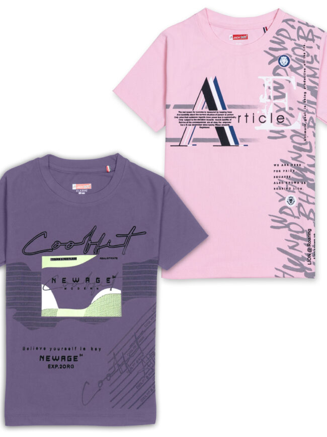 Kids Printed Round Neck T-Shirt  2pcs Combo (Pink+Violet)