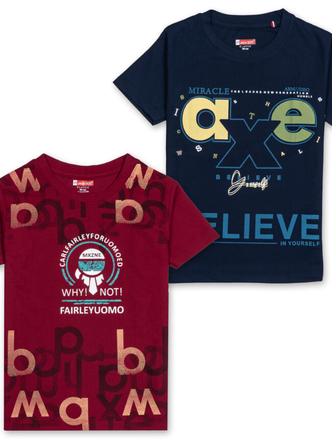 Kids Printed Round Neck T-Shirt  2pcs Combo (Navy+Red)